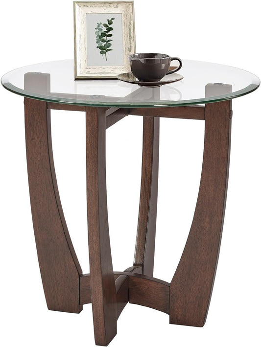 Glass End Table, 23.5" Round Side Tables with Tempered Glass Top Cross and Solid Wood Base Small Night Stand for Living Room Office Apartment Cherry