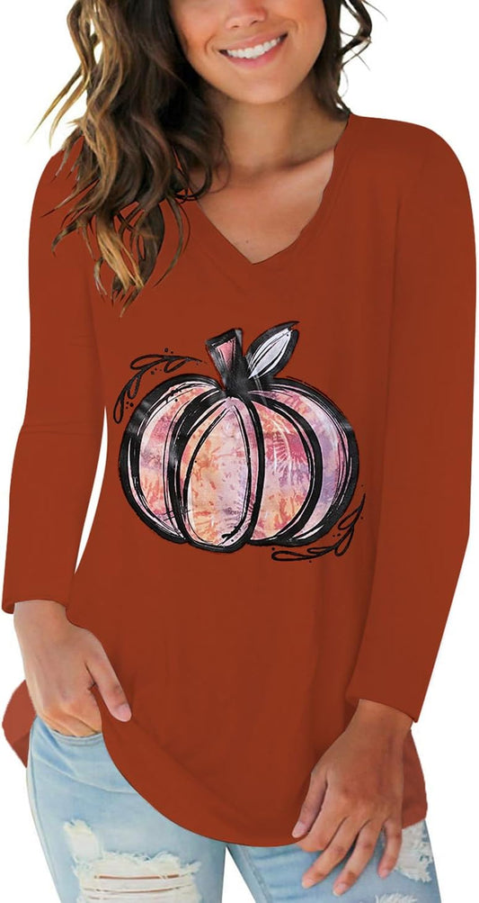 Tobrief Women's Long Sleeve V-Neck Shirts Fall Graphic Tees Loose Casual T-Shirt