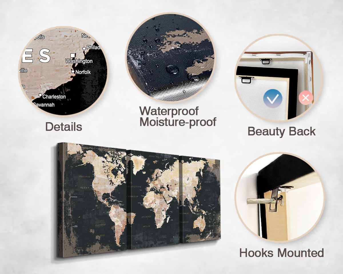 Living Room Wall Art Large Home Office Wall Decor Modern Motivational Giant World Map Pictures for Wall Decorations