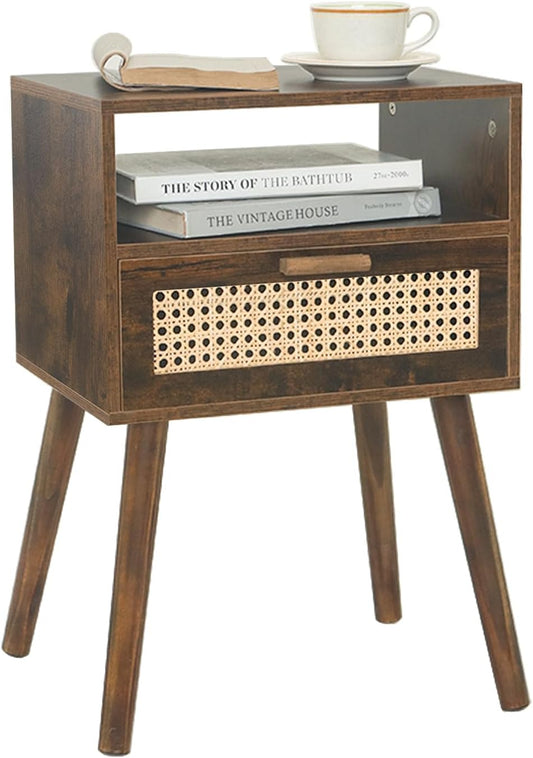 MaxSmeo Mid Century Nightstand, Rattan Side Table with Drawer, Wood Modern Bedside Table for Bedroom, Living Room and Small Spaces (Rustic Brown)