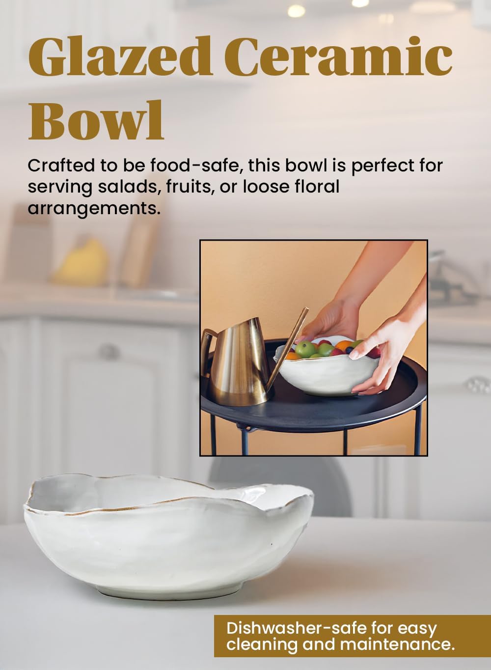 Serene Spaces Living Medium Free-Form Edge Glazed Ceramic Bowl – Stylish Fruit Bowl, Dinnerware, and Decorative Centerpiece for Vintage Weddings and Events, 10.5" Long, 8.5" Wide and 3.5" Tall