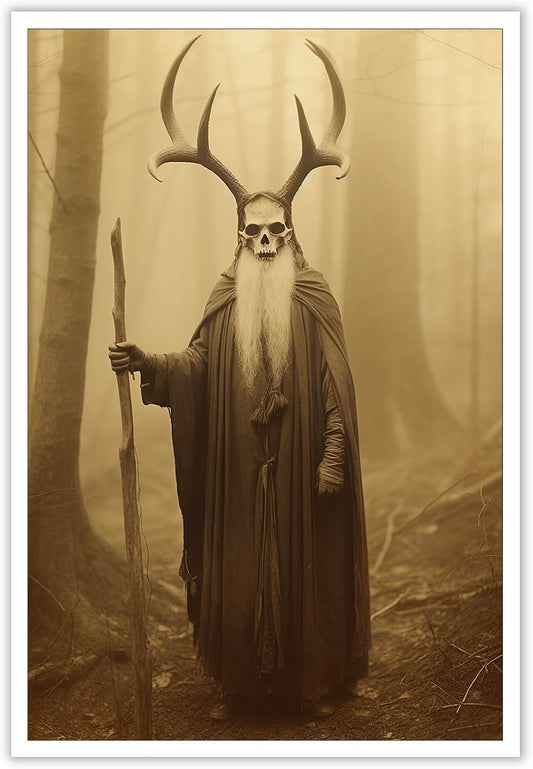 Skeleton Halloween Decor Occult Druid of the Forest Poster Canvas Wall Art Vintage Spooky Print Gothic Room Decor Dark Academia Decorations Bedroom Creepy Skull Picture 24X36inch Unframed