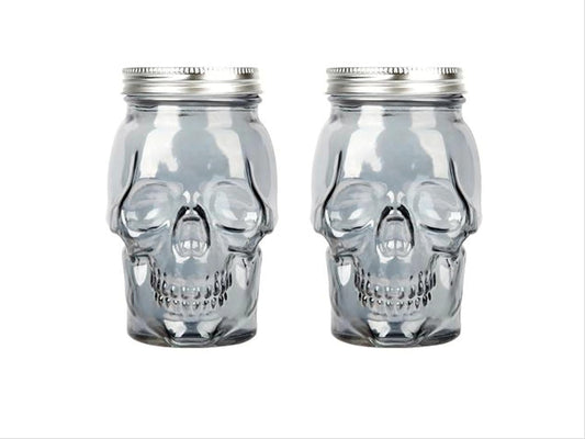 Set of 2 Skull Mason Jar Glasses with Lids | 16oz Reusable Halloween Drinking Glasses | Unique Skull Décor, Storage, & Canning Jars for Parties & Gifts