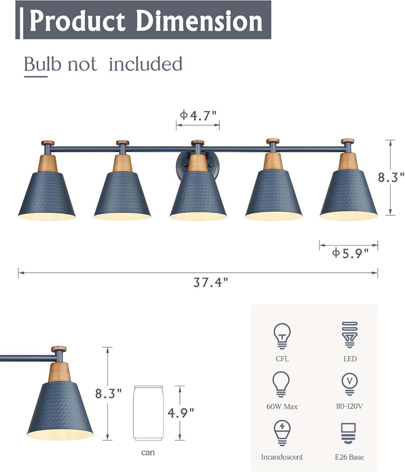FEMILA 5 Light Bathroom Vanity Light, 37.4" Bathroom Lighting Fixtures Over Mirror, Blue Finish, E26 Base, 4FG59B-5W Blue