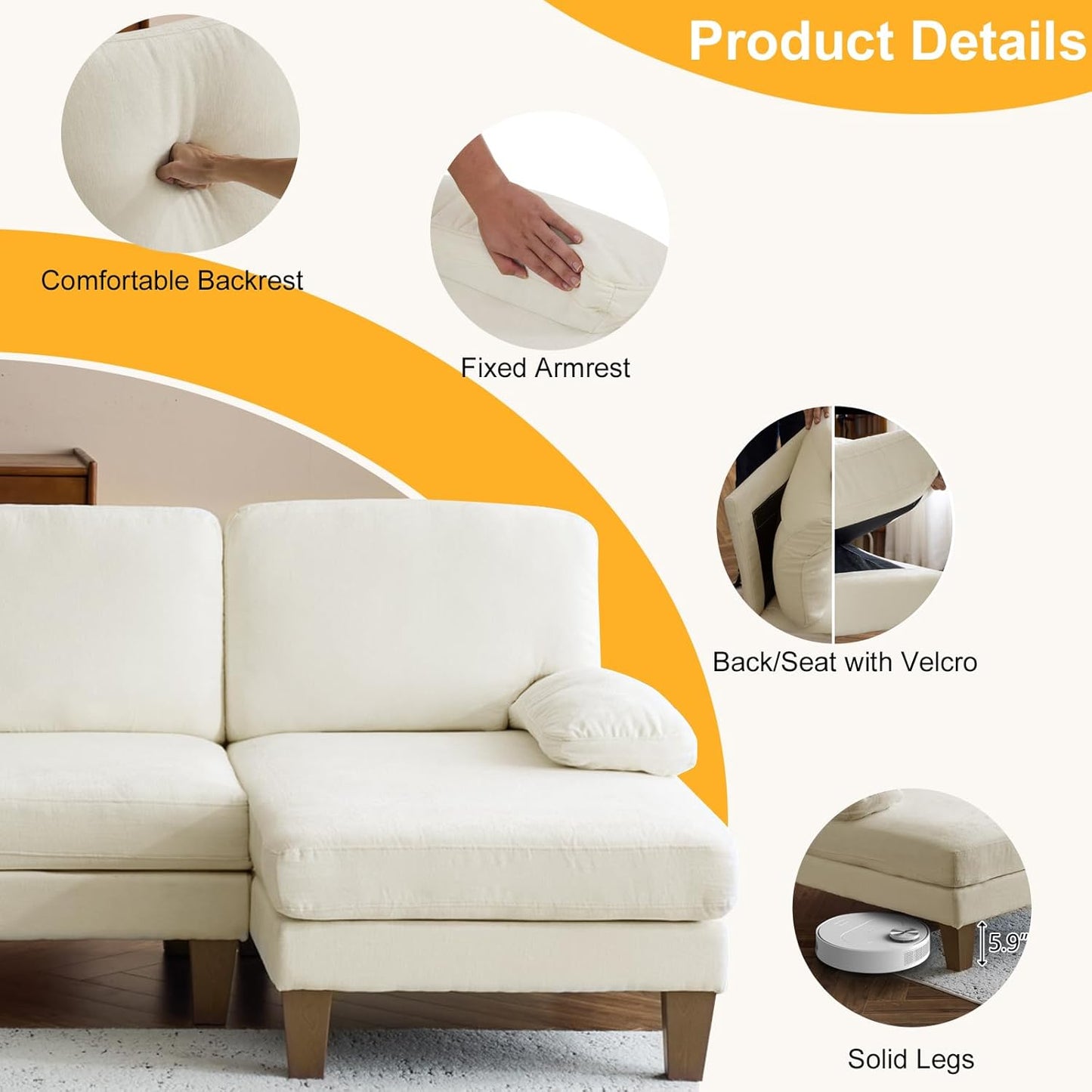 Karl home U-Shape Sectional Sofa Couch 111" Modern 4-Seat Sofa with Chaises Chenille Fabric Upholstered Covertible Couch with Wood Grain Legs for Living Room, Reception Room, Apartment, Beige