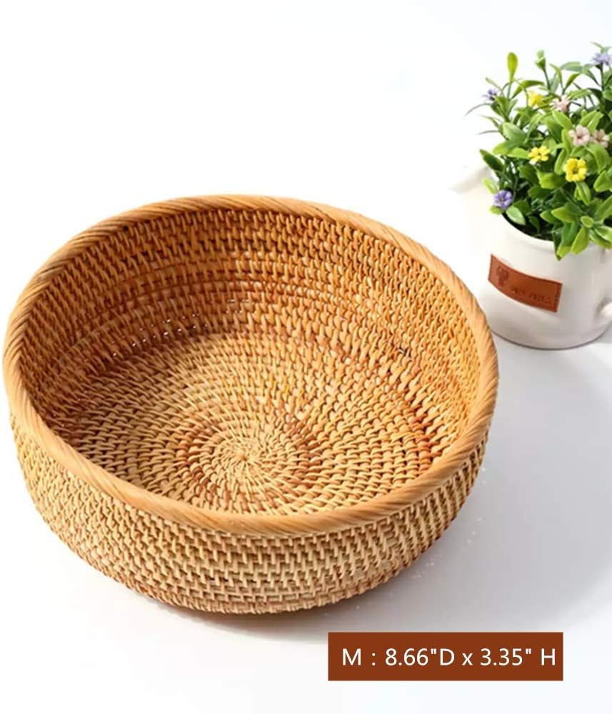 Hadewoven Round Rattan Fruit Basket Wicker Food Tray Weaving Storage Holder Dinning Room Bowl, 9 Inch Woven Bread Basket Key Bowls with 3.5”Wall for Table, Countertop (Medium 8.66")