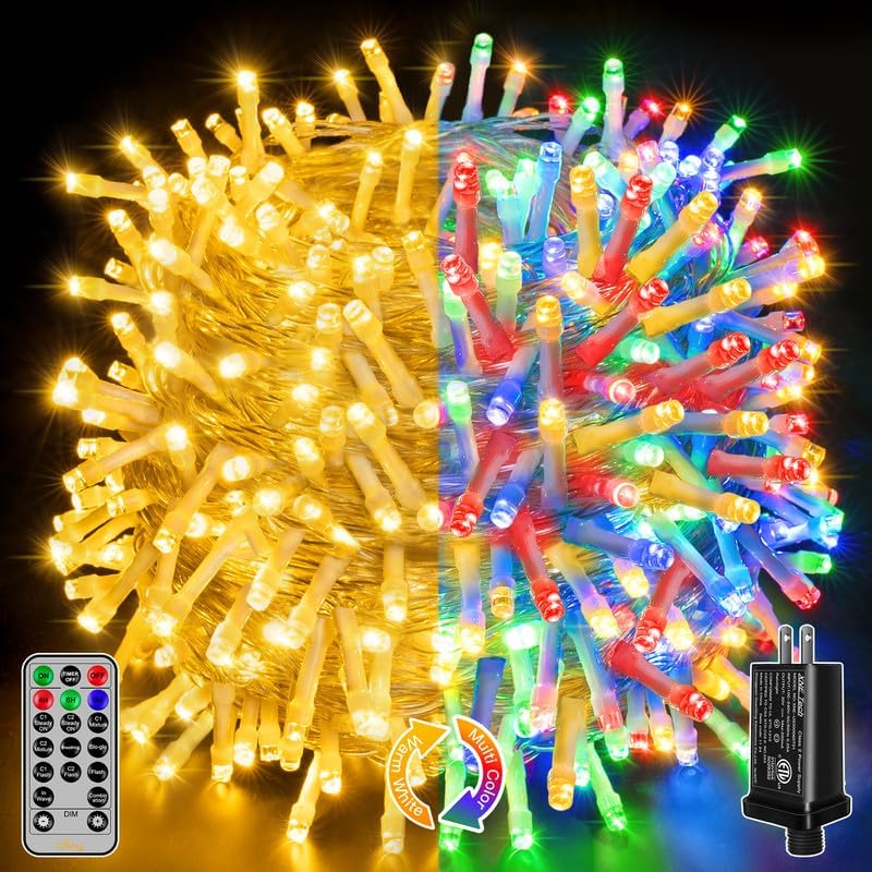 Ollny Christmas Lights, 210FT 640LED Christmas Tree Lights with 11 Modes Remote Control IP44 Waterproof, Warm White to Multicolored Outdoor Christmas Lights for Outside Indoor Patio Xmas Decorations