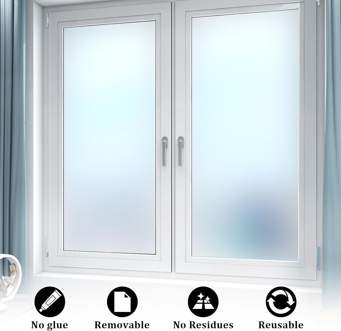 Window Privacy Film, Frosted Glass Static Cling Non-Adhesive Window Cover For Bathroom UV Sunlight Blocking Heat Control For Home Decorative Frosting Pure Matte White Size 23.6 x 118.1 Inches