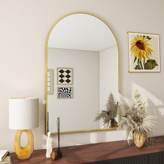 BEAUTYPEAK 20"x30" Arch Bathroom Mirror, Wall Mounted Vanity Metal Frame Mirror for Bedroom, Entryway, Living Room, Gold