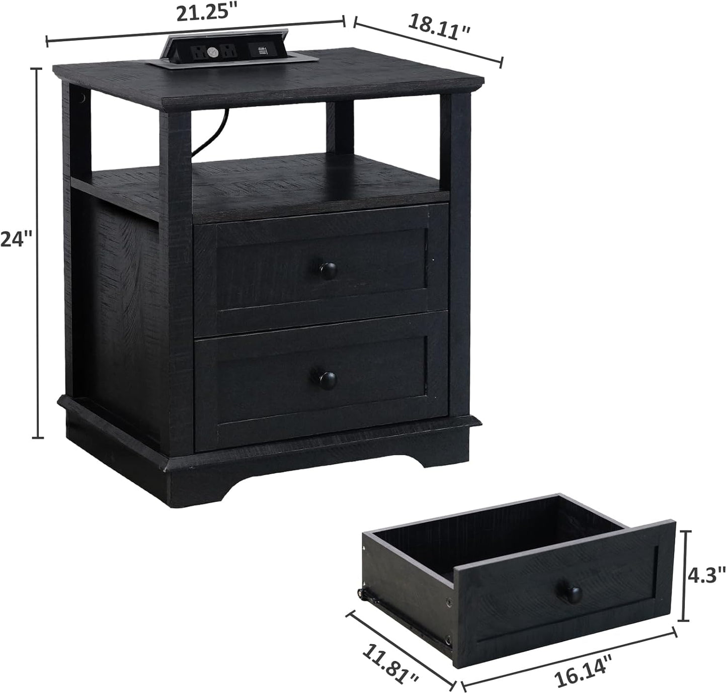 HIFYOBRO Large End Table Set of 2, 2 Drawers and Charging Station, Type-C & USB Port & Power outlets, Wooden End Table, Side Table with Storage for Living Room and Bedroom (Espresso)