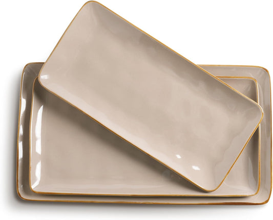 famiware Serving Platter, Rectangular 15.67/14.1/12.6 inch Serving Dishes for Entertaining, Microwave Dishwasher Safe, Stonware Serving Trays for Party, Turkey, Cheese, Ocean Series, Cinnamon Brown