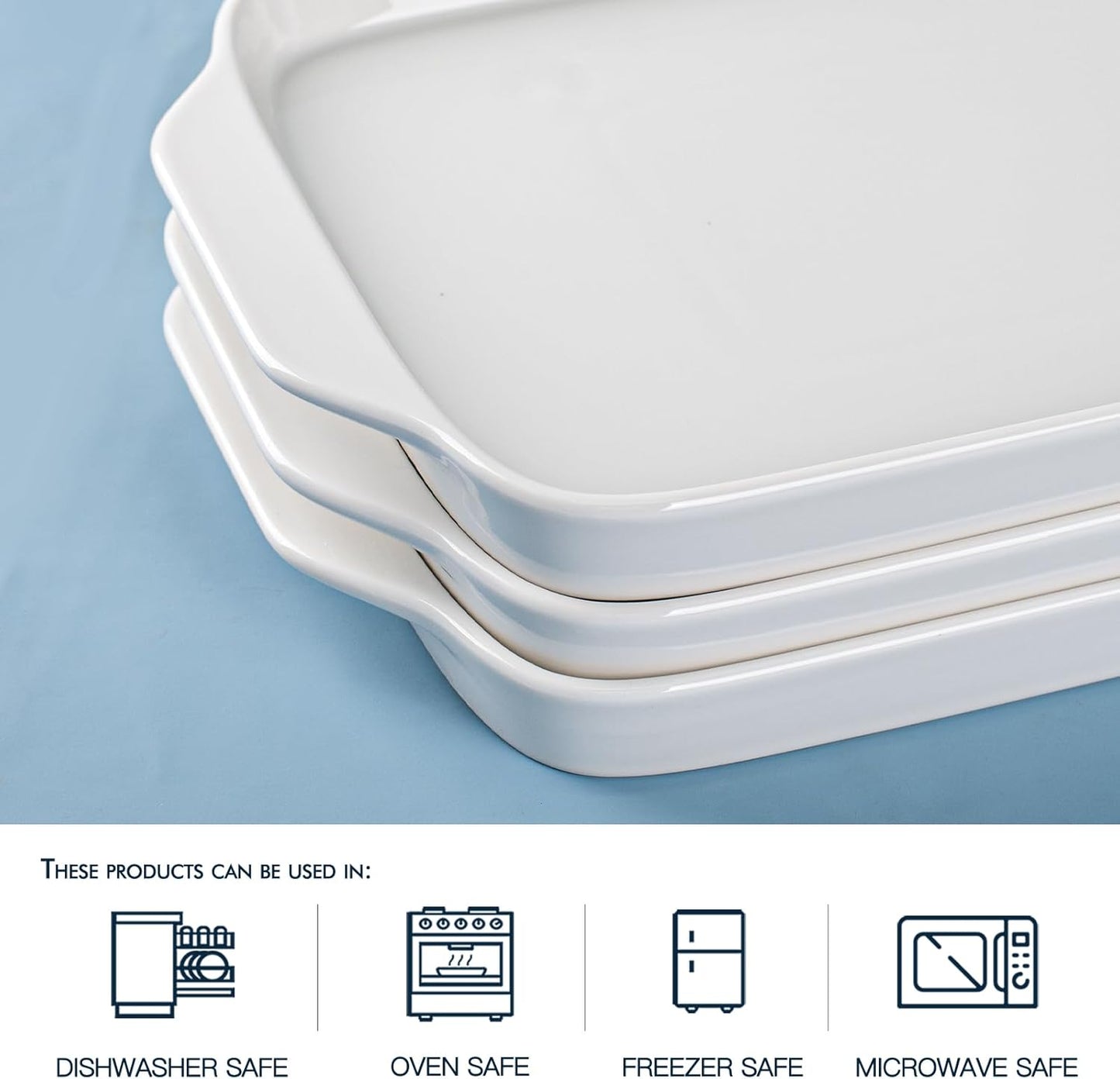 Dizada Large Serving Platter with Handles, 16" x 9" Porcelain Serving Tray, White Rectangular Platters for Entertaining & Serving Food, Serving Trays for Party, Appetizer, Charcuterie - Set of 3