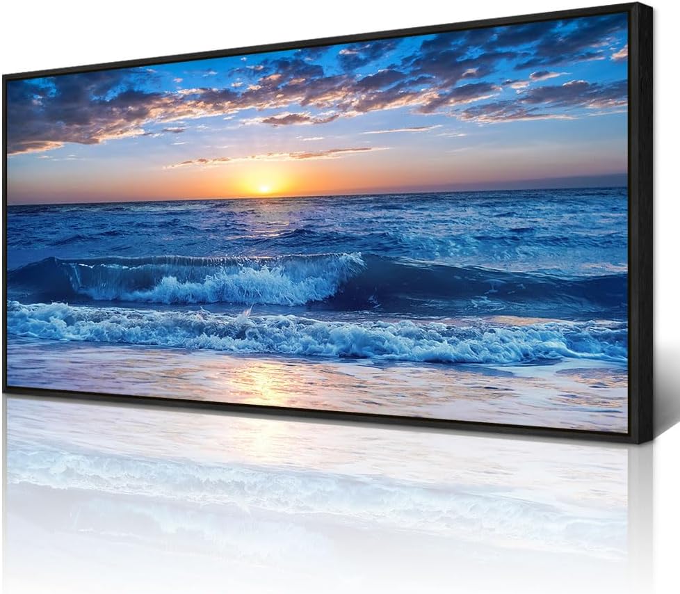 Wapluam Black Framed Canvas Wall Art For Living Room Large Wall Decor For Bedroom Office Wall Decorations Blue Ocean Beach Wall Painting Sunny Sea View Wave Wall Pictures Artwork Room Home Decor