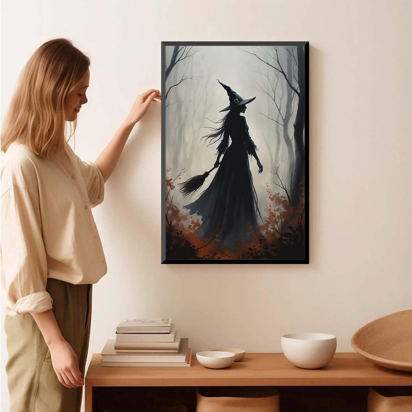JFHCQJPK Vintage forest witch silhouette poster Halloween mural poster decoration mural art magic suitable for home living room bedroom24x36in Metal blackFramed
