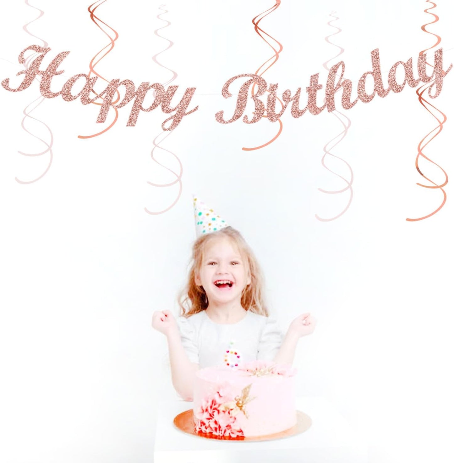 Pink White Rose-Gold Birthday Party-Decorations - 21pcs Happy Banner, Paper Lanterns,Tissue Pom Poms Flower Fan,Honeycomb Ball,Swirl Streamers Garland Supplies Decor Girls Women Huglony