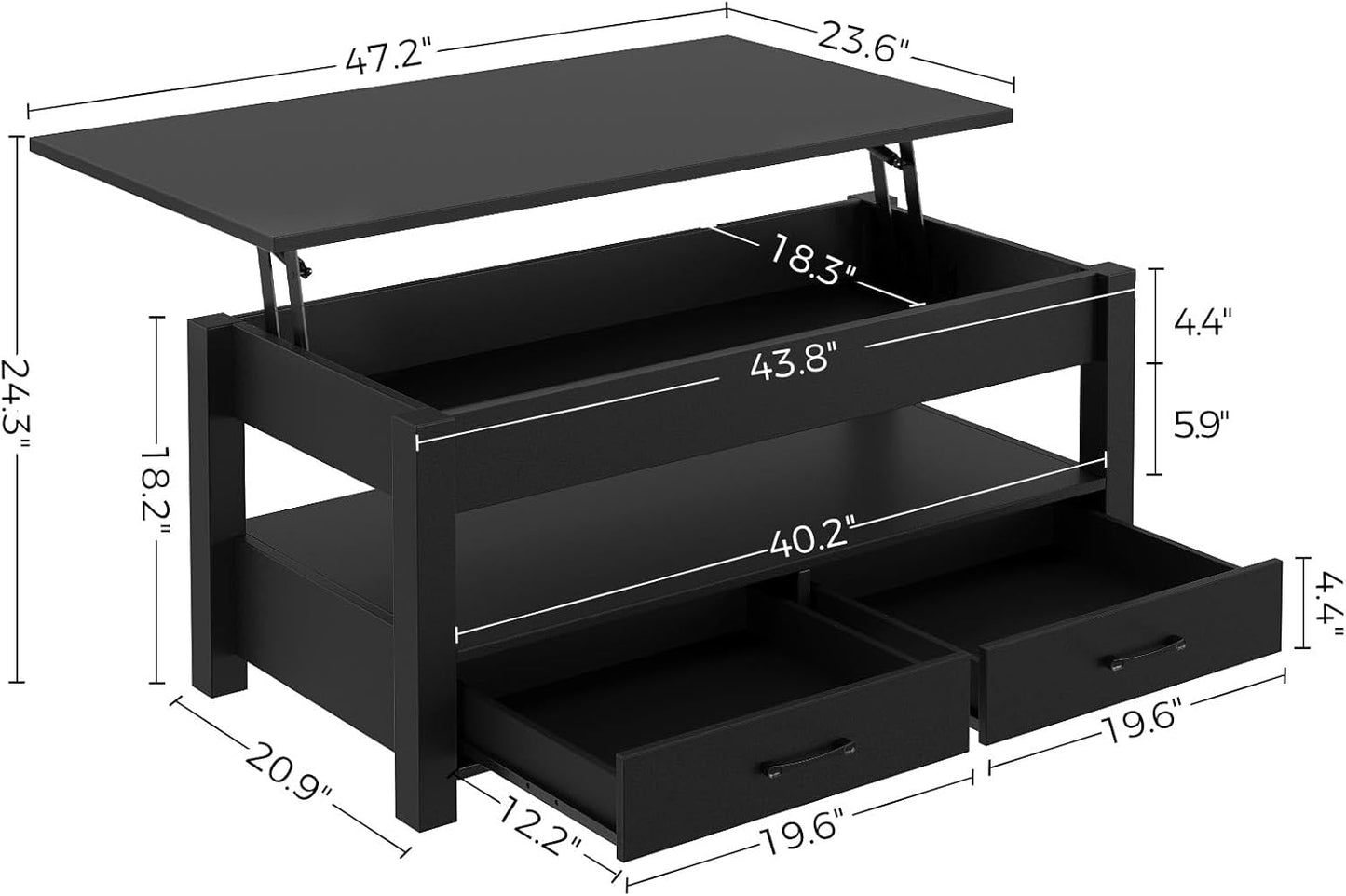 Rolanstar Coffee Table, 47.2" Lift Top Coffee Table with Drawers and Hidden Compartment, Retro Central Table with Wooden Lift Tabletop, for Living Room,Black