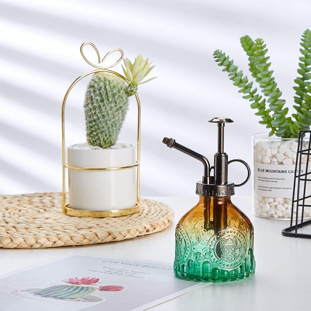 Glass Vintage Plant Spritzer Spray Bottle, Succulent Watering Bottle with Top Pump, Small Plant Sprayer Mister Watering Can for Indoor Outdoor House Plant - Green Brown Gradient