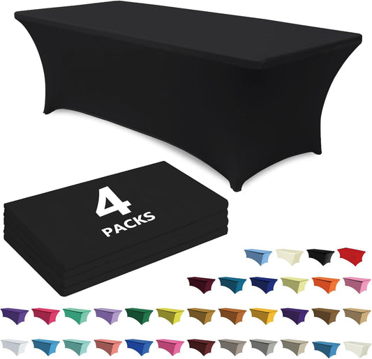ABCCANOPY 4 Pack 8 FT Black Spandex Table Cover Stretch Fitted Wrinkle Resistant Tablecloth Reuse for Rectangular Folding Table Patry Event Wedding Banquet Protector
