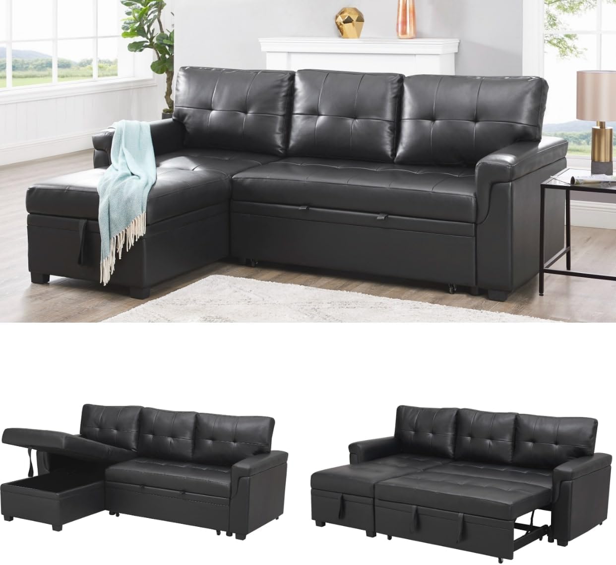 Naomi Home Modern Sectional Sofa with Storage Chaise Black/Air Leather