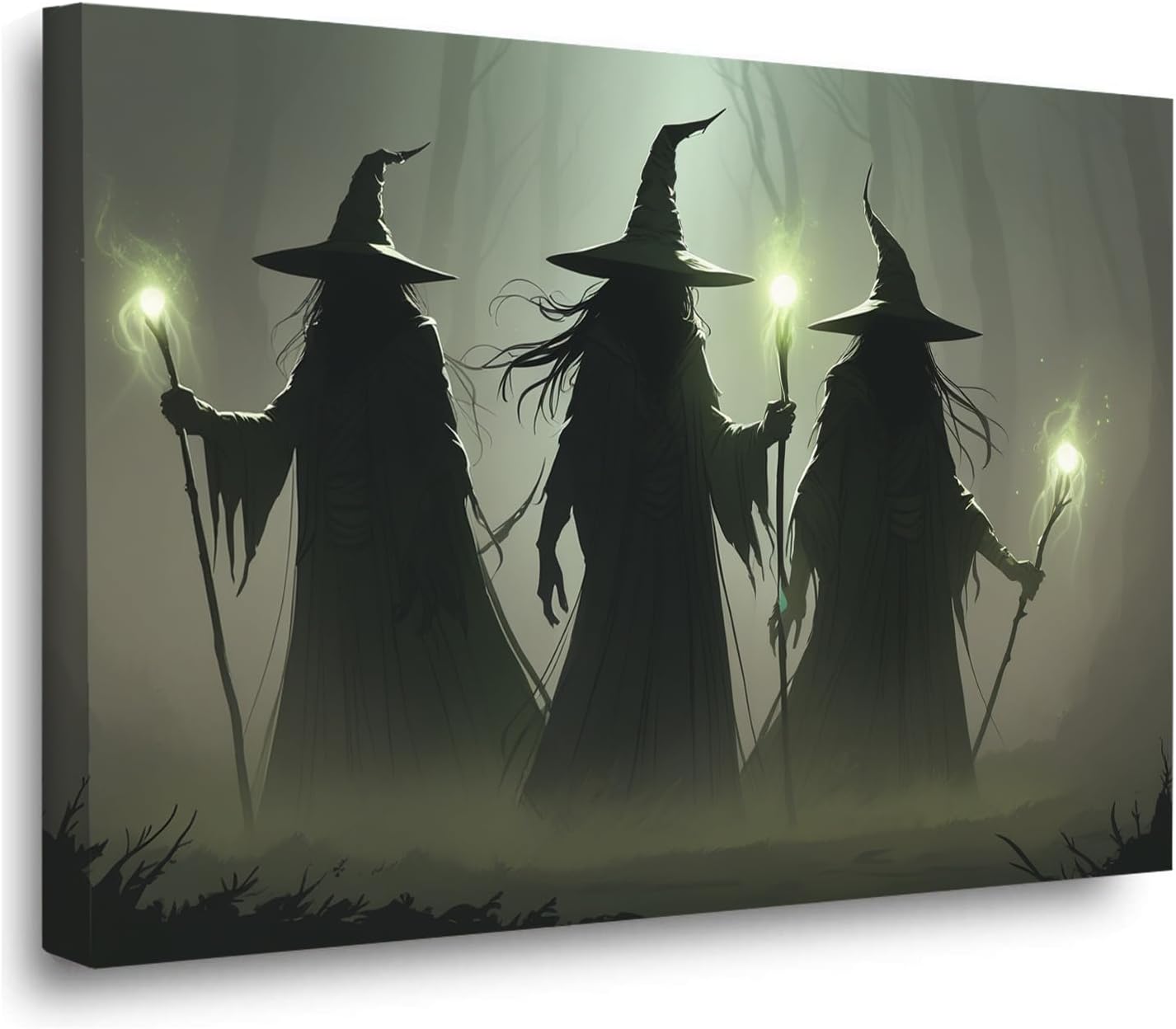 Vintage 3 witches canvas wall decor melancholy dark Halloween poster wall decor holding a staff print Gothic horror Halloween painting print for living room bedroom24x36in Wood Framed