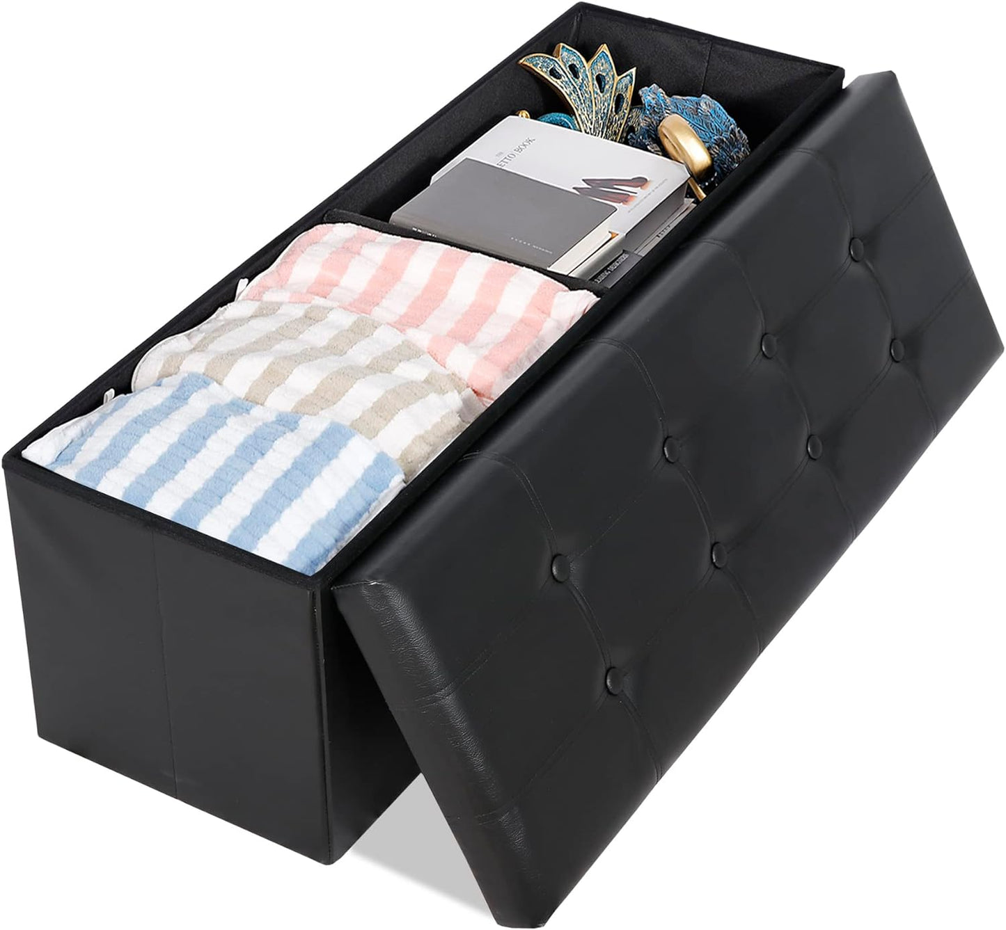 SUPER DEAL 43 Inch Folding Storage Ottoman Bench, Faux Leather Storage Chest Shoes Bench with Divider Padded Seat Couch Footrest for Bedroom Entryway, 660 lbs Capacity 43"x 15"x 15", Black