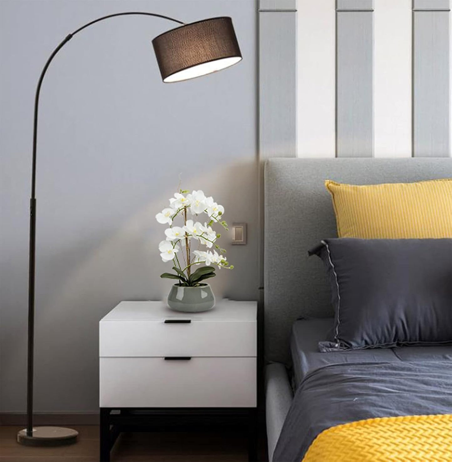 White Orchid Artificial Flowers with Gray Vase Large Silk Faux Phalaenopsis Flowers for Dining Room Table Floral Centerpieces Indoor Decoration