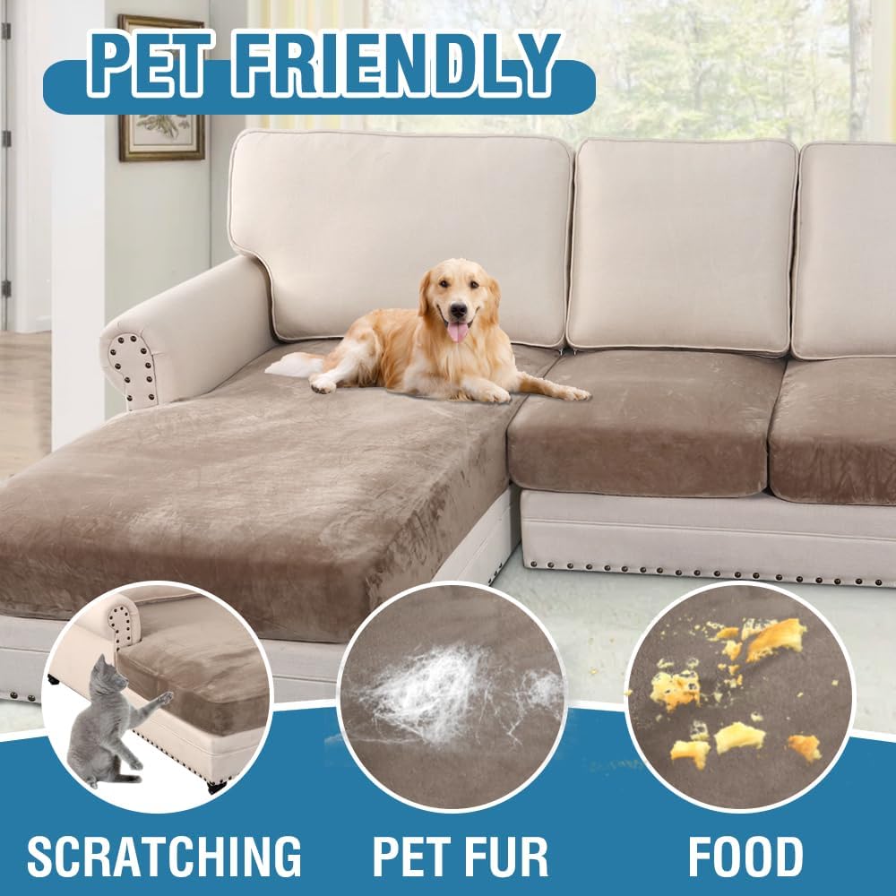 H.VERSAILTEX Velvet Stretch Sectional Couch Covers 3 Pieces Sofa Seat Cushion Covers L Shape Separate Cushion Couch Cover for Both Left/Right Sectional Couch (Large Sofa 2 Seater + 1 Chaise, Taupe)