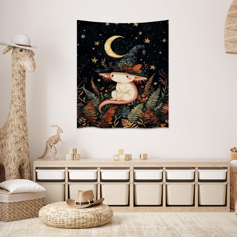 Whimsical Witch Tapestry Wall Hanging Decor Cute Axolotl Tapestry Magical Moon Animal Nursery Decoration Halloween Tapestries wall art for Home Kids Bedroom Living Room 70x90inch