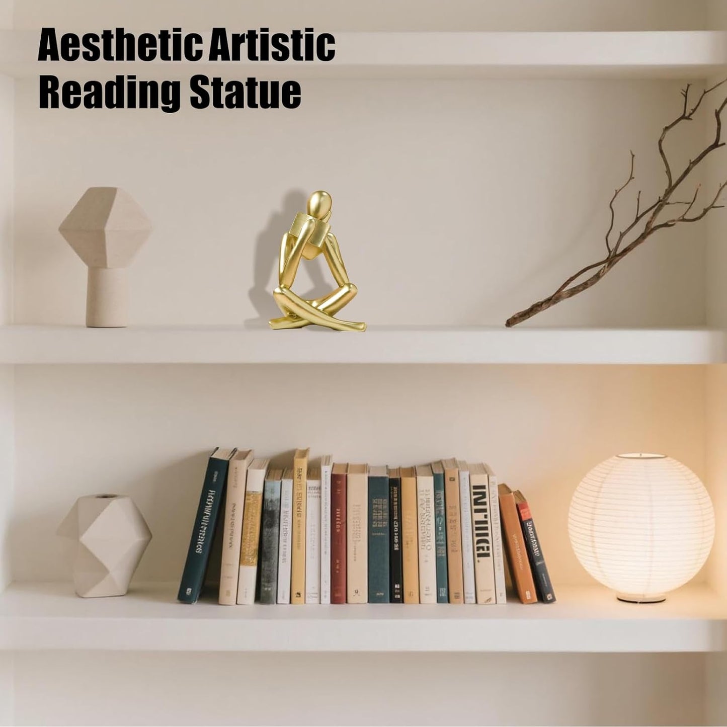 Bookshelf Decor Reading Statue - Abstract Art Thinker Sculpture Bookend for Shelves Aesthetic, Modern Home Decoration Figurine for Living Room Office Shelf Desk Coffee Table Decor(Gold Right)