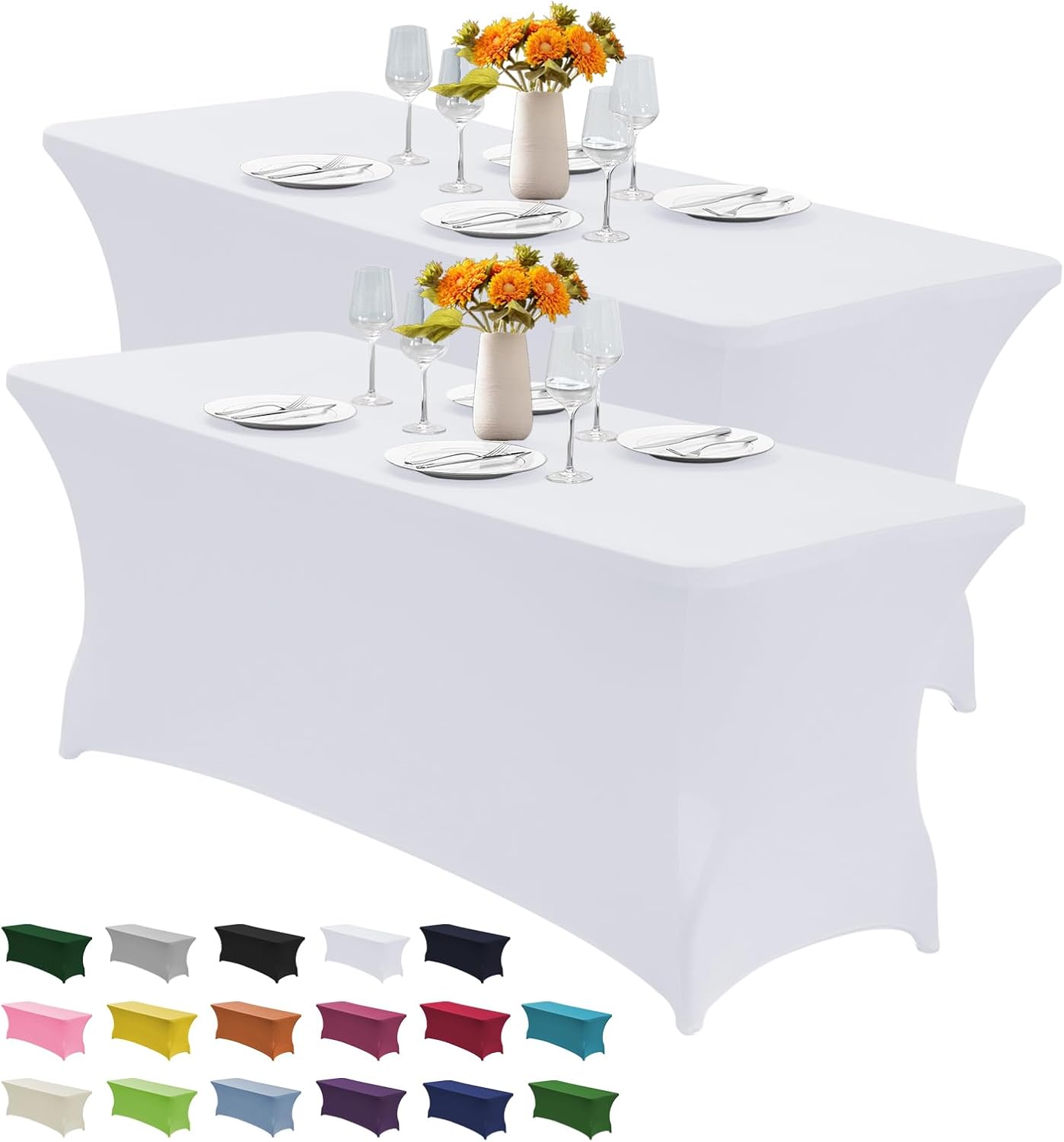 CWK 6FT 2Pcs Stretch Spandex Table Cover for Rectangular Tables - Elastic Fitted Tablecloth for Folding Tables, Wrinkle Resistant, Durable Table Protector for Parties,Weddings,Banquets &Events (White)