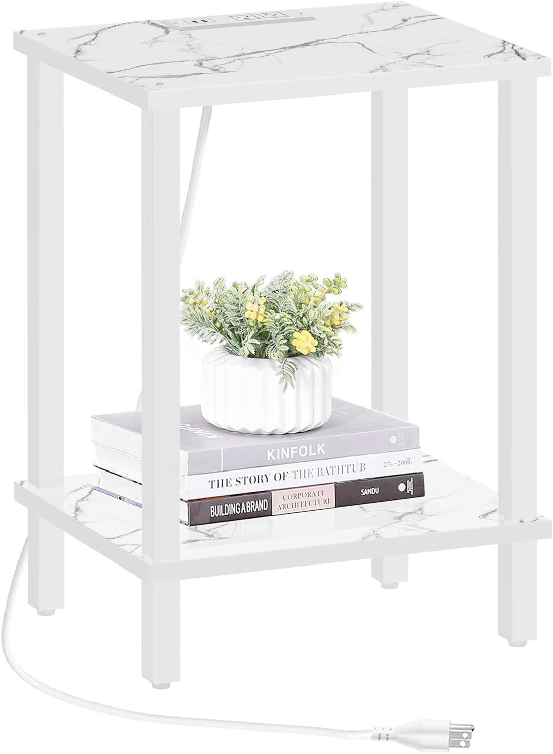 TUTOTAK End Table with Charging Station, Small Side Table with Outlets, Nightstand Bedside Table, 2-Tier Storage Shelf for Small Space, Living Room, Bedroom, Marble White TB01BMW040