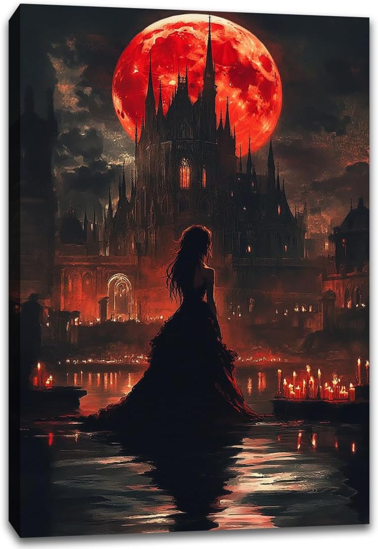 Halloween Witch Poster Canvas Prints Art Vintage Decor,Red Castle Blood Moon and Witch Scene Gothic Painting,Rustic Dark Academia Wall Art for Bathroom Spooky Living Room Wall Decor,8"x12" Framed