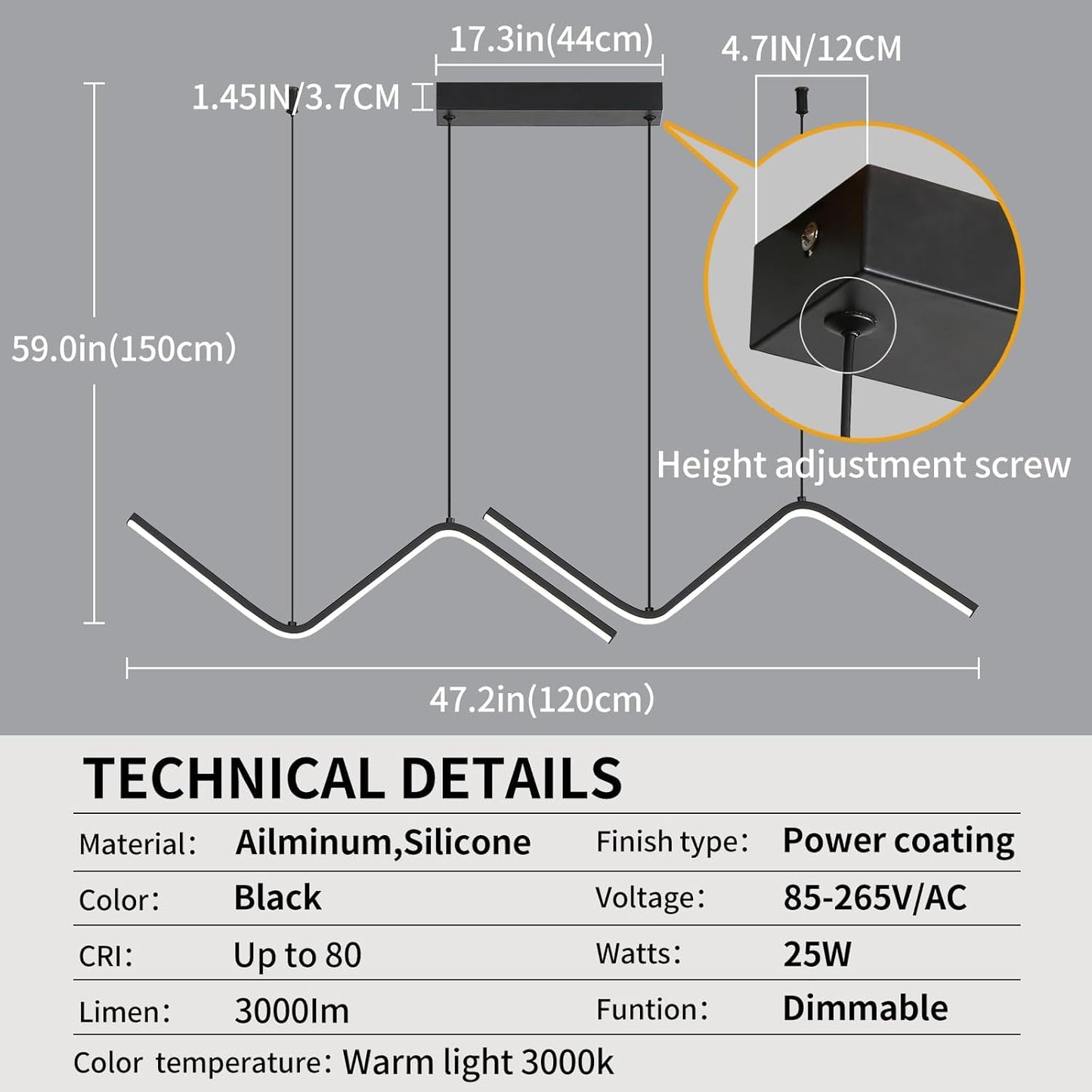 LED Modern Linear Pendant Lights, Dimmable LED Hanging Chandelier Fit Dining Room Kitchen Island, 3000K-6000K with Remote Contro Bright Light Fixture (Black, 47.2IN)