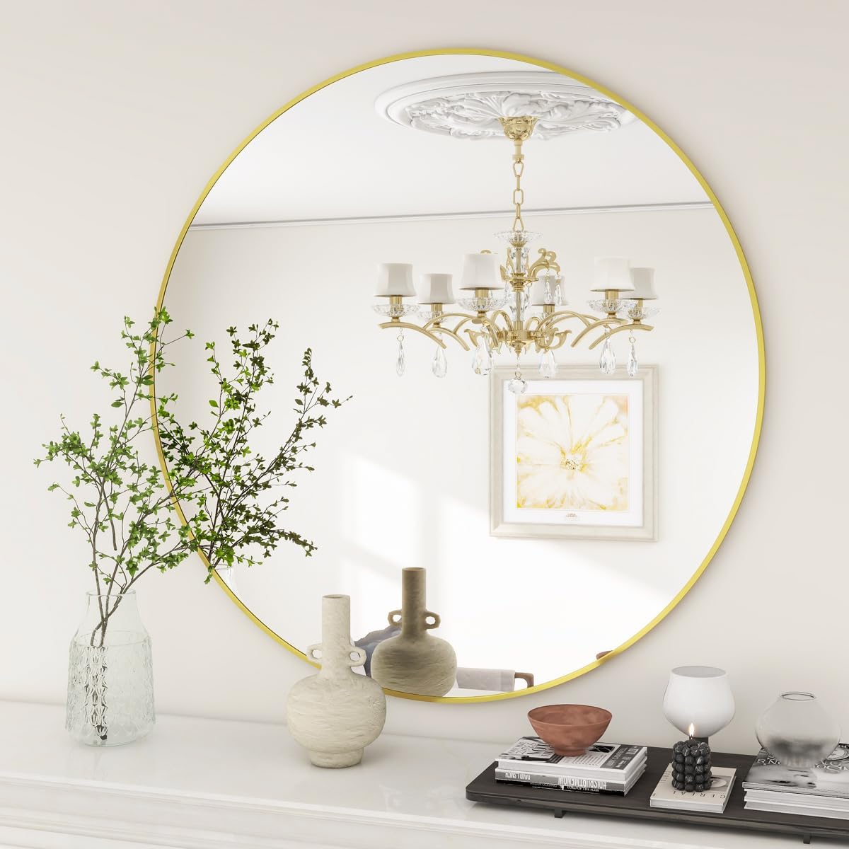BEAUTYPEAK 20 Inch Round Mirror, Metal Frame Circle Mirror, Wall Mounted for Entryway, Bathroom, Vanity, Living Room, Gold