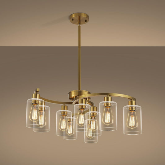 9-Light Gold Glass Chandelier, Adjustable Height Dining Room Light Fixtures Over Table, Contemporary Hanging Chandelier for Kitchen Island Living Room Foyer Office, Clear Glass Shade
