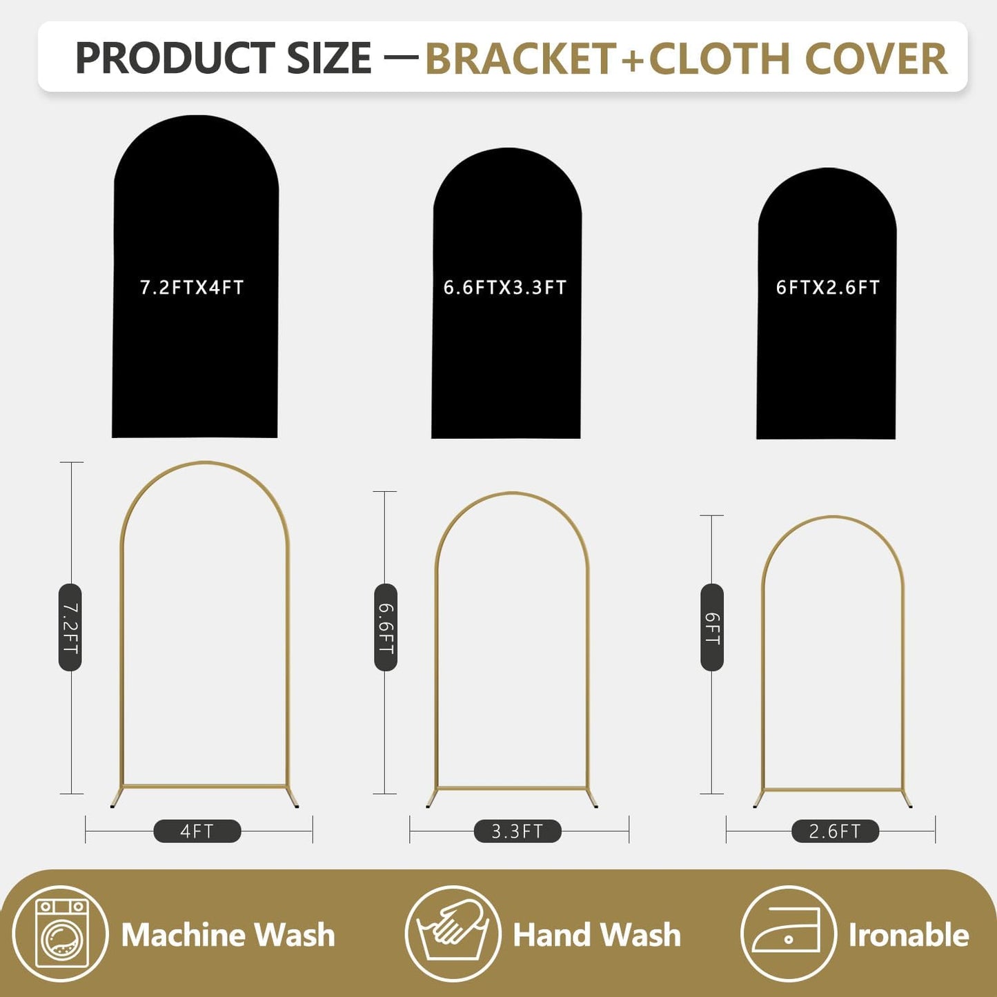 Arch Backdrop Stand and Cover Set, 3 Metal Balloon Arch Backdrop 7.2ft 6.6ft 6ft, Gold Arched Stand Frame for Wedding, Parties,Birthday, Backdrop Decorations (Black,7.2ft+6.6ft+6ft)