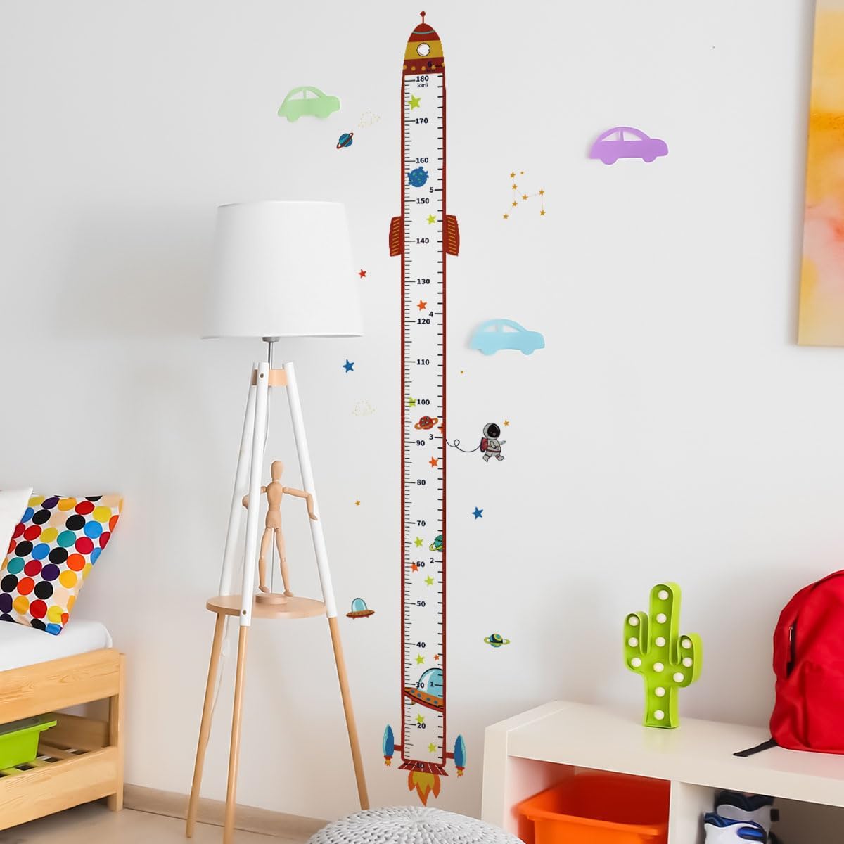 Rocket Self-adheve Vinyl Nursery Wall Decal Baby Growth Chart Sticker for Bedroom Play Room Peel and Stick Kindergarten Height Measure Mural