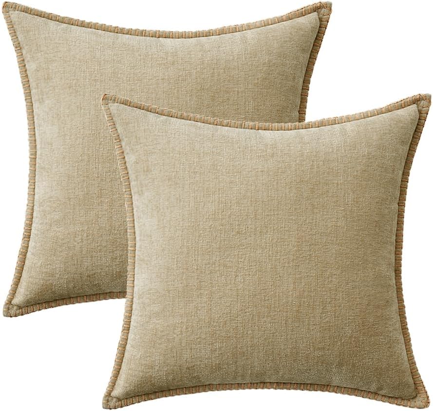 MIULEE Pack of 2 Couch Throw Pillow Covers 16x16 Inch Beige Farmhouse Decorative Pillow Covers with Stitched Edge Soft Chenille Solid Dyed Spring Pillow Covers for Sofa Bed Living Room
