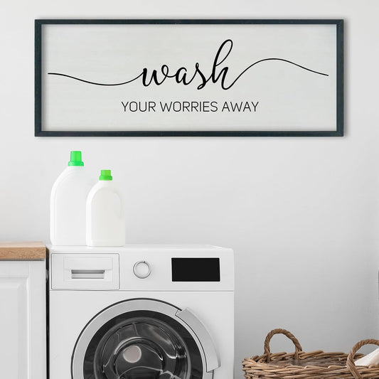 SRSZHIYUE Wash Your Worries Away Bathroom Sign Wall Art 40"x15" Funny Restroom Toilet Large Wood Framed Hanging Decor (Black)