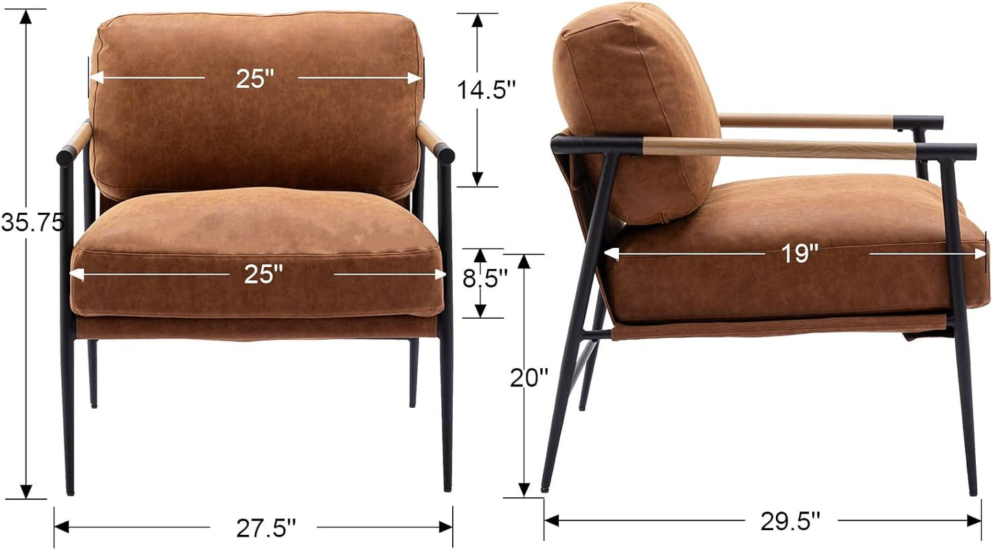 Mid-Century Accent Chair Set of 2, Soft Armchair PU Leather Lounge Chair with Black Metal Legs, Upholstered Leisure Chair for Living Room Bedroom Reception Room, Brown