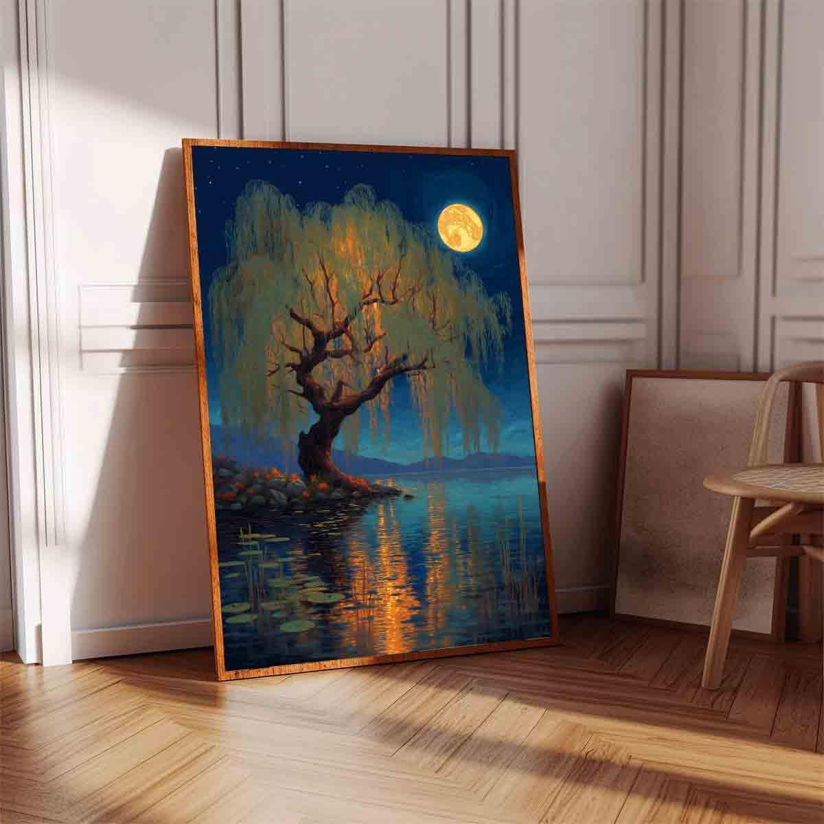 Vlolvfe Night Scenery Wall Art Country Nature Full Moon Poster Abstract Scenery Wall Art Nature Themed Tree Pictures Night Sky Picture Landscape Pictures Living Room Decor 16x24inch No Frame