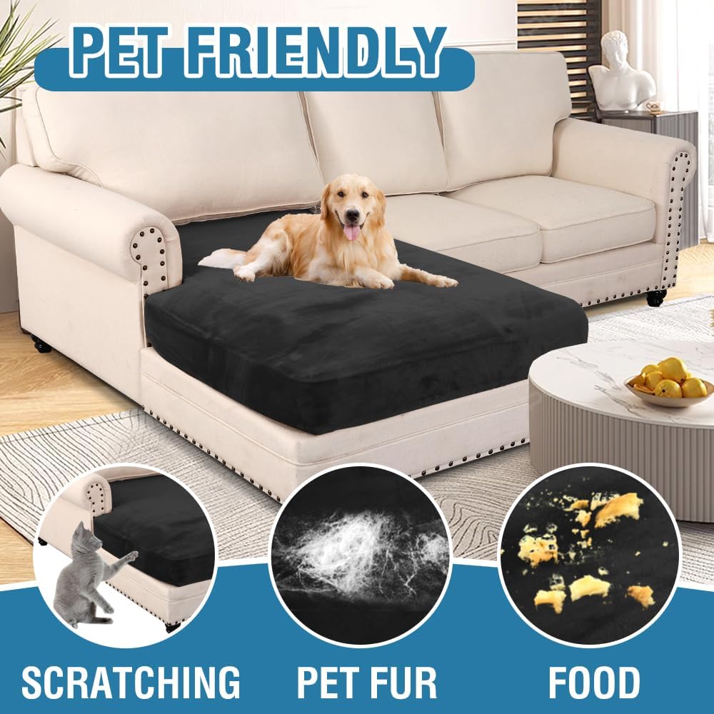 H.VERSAILTEX Velvet Stretch Individual Chaise Cover Sectional Couch Covers for L Shaped Sofa Both Left/Right Furniture Protector Seat Cushion Sofa Cover (1 Piece Chaise Cover, Black)