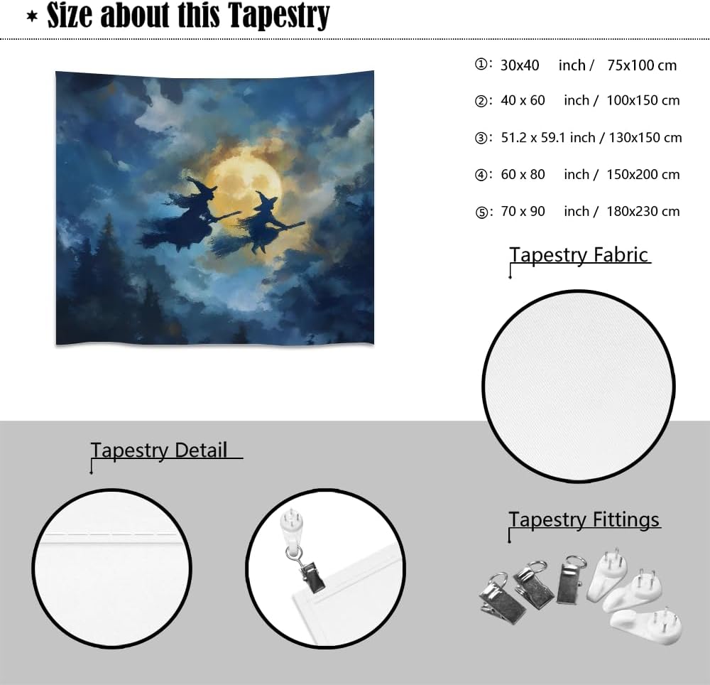 Spooky Halloween Witch Tapestry Wall Hanging Dark Fantasy Night Sky Aesthetic Print Flying Witches Under Full Moon Tapestries Horror Ghost Halloween Party Decor for Living Room Bedroom 40x60inch