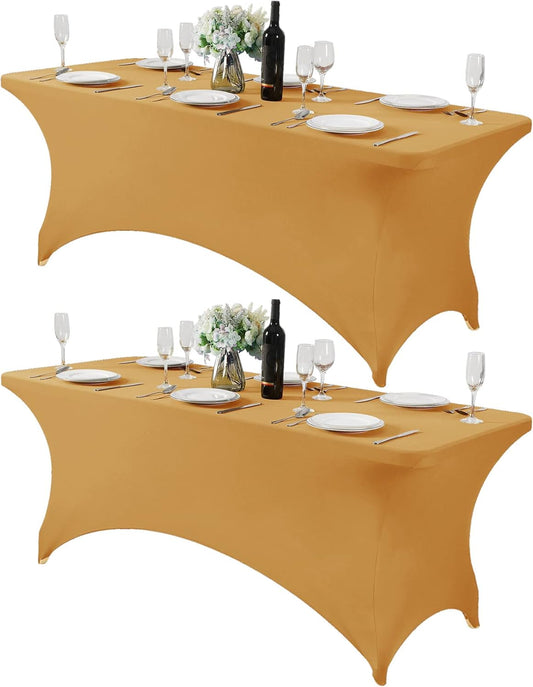 2Pack Spandex Table Cover for 6Ft or 4fT or 8ft Table Universal Fitted Stretch Tablecloth for Party, Banquet, Wedding and Events-Gold