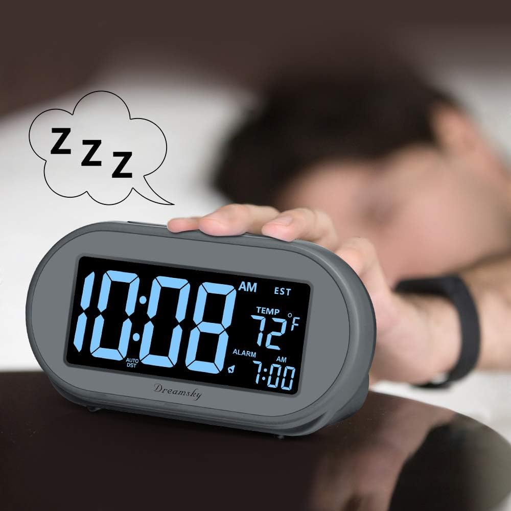 DreamSky Alarm Clocks for Bedrooms, Auto Set Digital Desk Clock for Bedside Nightstand, Electric Clock with Dimmable Brightness Dimmer, Auto DST, USB Port, Date, Temperature, Snooze