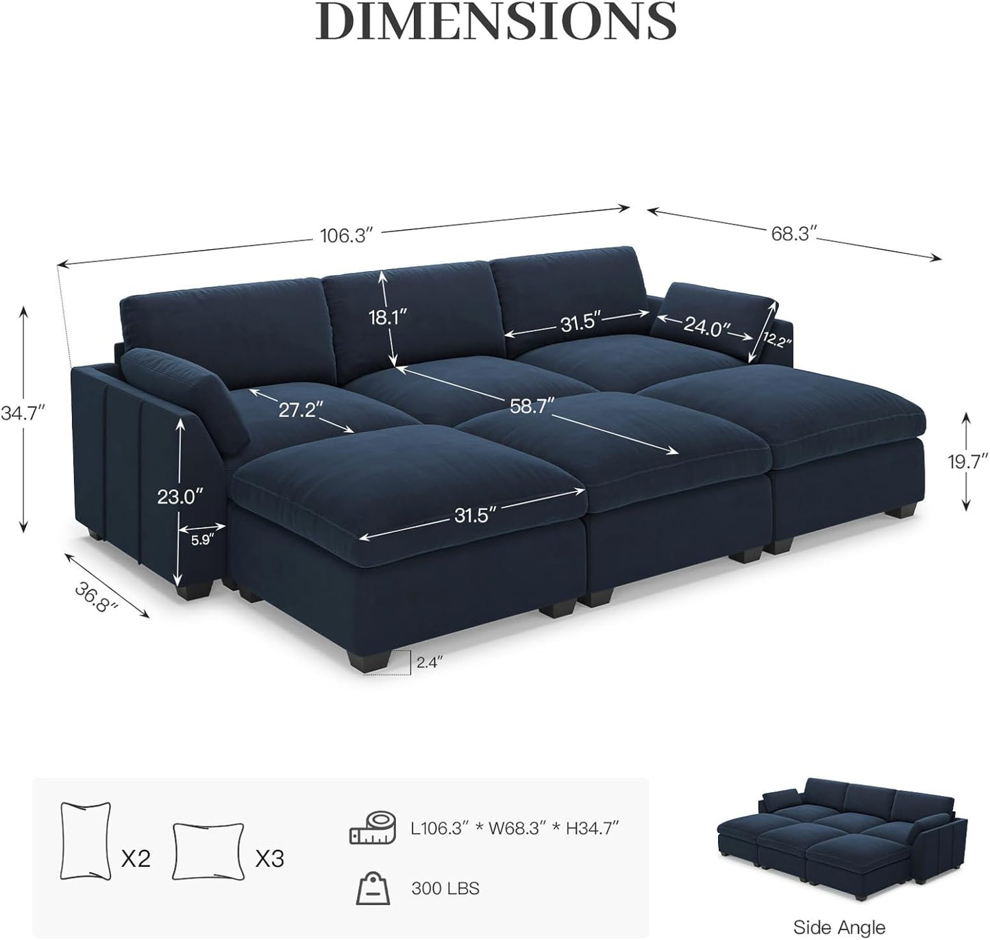 Belffin Sectional Couches for Living Room,106.3" 6-Seater Sleeper Sofa Bed,Extra Deep Seat Velvet Cloud Couch with Ottoman,Modular Sectional Sofa with Washable Covers,Blue