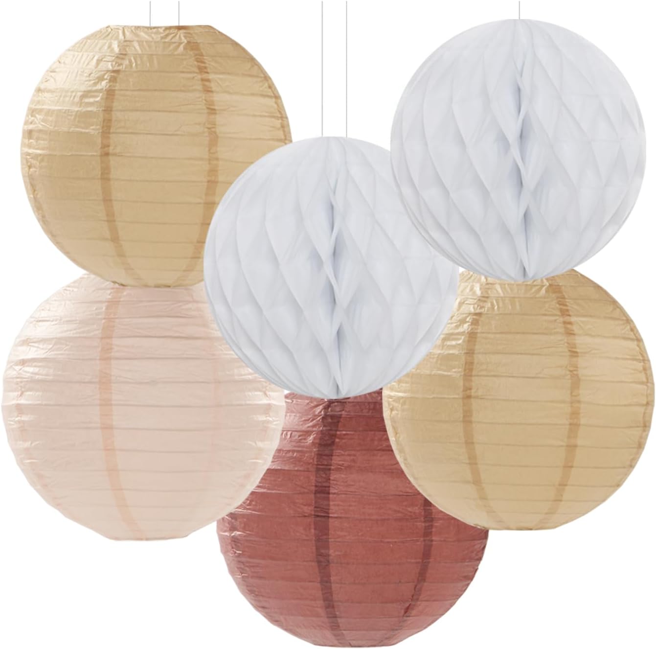 Boho Baby-Shower Party-Decorations Streamers-Lanterns - 14pcs White Brown Champagne Neutral Birthday Wedding Bridal Paper Fan,Tissue Pom Poms,Honeycomb Balls,Engagement Fall Christmas Decor Ouruola