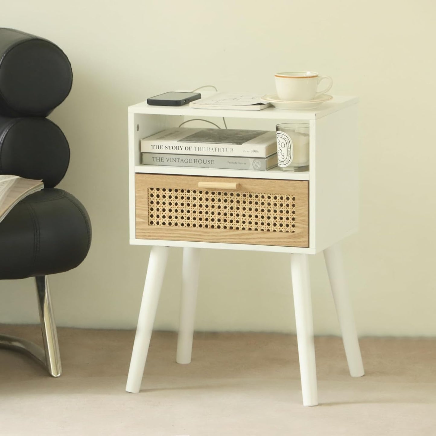 MaxSmeo Nightstand with Charging Station, Bedside Tables with Rattan Drawer, Mid Century Modern Nightstand, End Table for Living Room, Bedroom and Small Spaces, Easy Assembly (White)