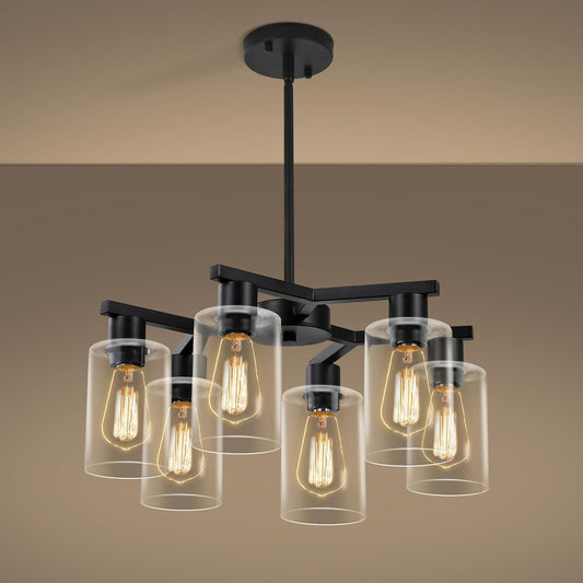 6-Light Modern Farmhouse Black Chandelier, Dining Room Light Fixture Over Table Adjustable Height Hanging Industrial Pendant Lights Kitchen Island, Clear Glass Shade