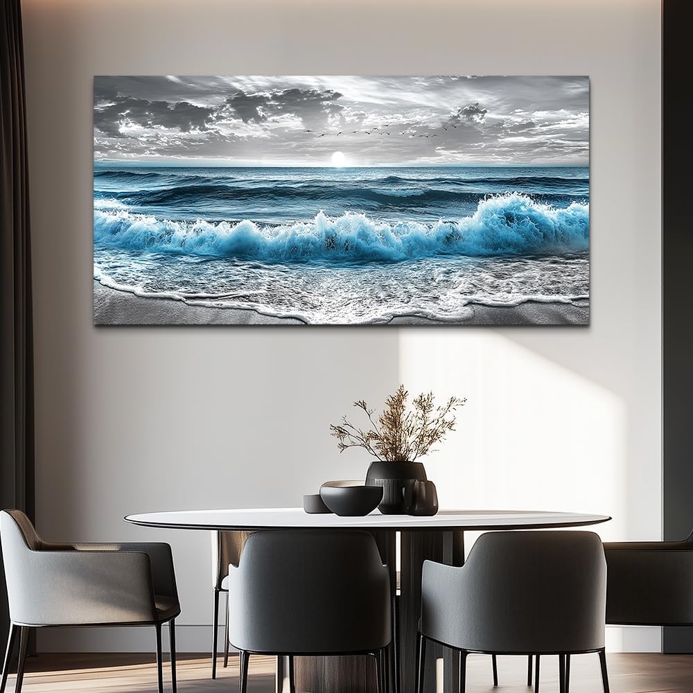 ZUITINGHUA Canvas Wall Art For Living Room Large Wall Decor For Office Bedroom Decorations Sea Wave Landscape Pictures Black And White Painting Artwork Room Wall Mural Aesthetic Home Decor 30x60 In